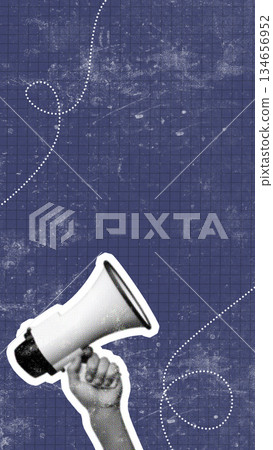 Hand holding a megaphone on a textured blue background for a call to action 134656952