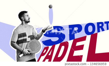 Man practicing padel in a dynamic sports setting with colorful graphics 134656959