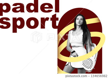 Woman playing padel sport in modern style with vibrant background design 134656982