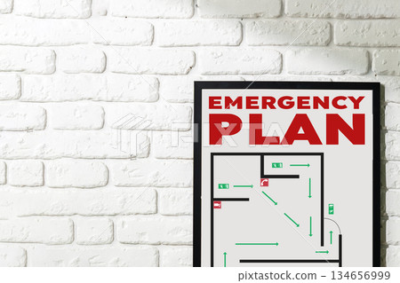 Emergency plan poster shows evacuation route and safety instructions clearly outlined Emergency plan poster shows evacuation route and safety instructions clearly outlined 134656999