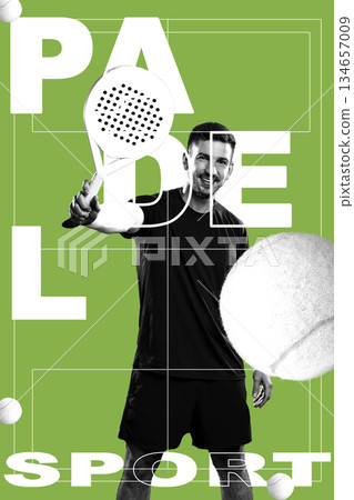 Man playing padel sport on a green court during daytime with bright colors and energy 134657009