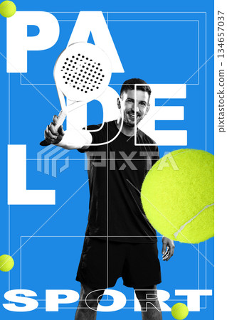 Man holding padel racket and ball in a bright blue setting during an active sports moment Man holding padel racket and ball in a bright blue setting during an active sports moment 134657037