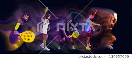 Dynamic athletes showcase padel skills with colorful effects in a vibrant setting 134657069