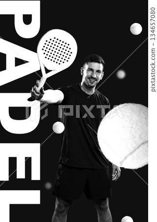 Player showcases skill in padel with racket during indoor match 134657080