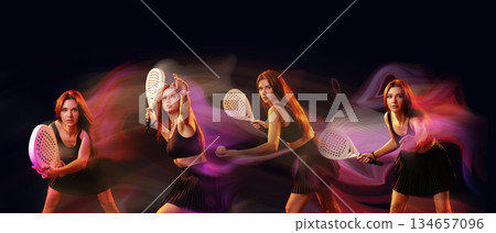 Dynamic tennis players showcase their skills in a vibrant display of movement and energy 134657096