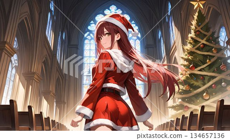 教堂裡,一位身穿聖誕老人服裝的女子回頭望去的插圖 教堂裡,一位身穿聖誕老人服裝的女子回頭望去的插圖 134657136