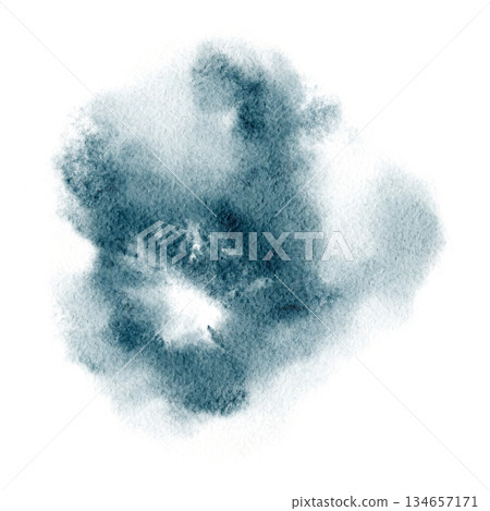 Abstract watercolor splash, hand painted blue wash with organic cloud like shape, soft edges and natural paper texture, isolated on white, ideal for backgrounds, branding, posters, calm modern design. 134657171