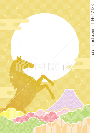 2026年馬年新年賀卡，背景為生肖馬和富士山，搭配金色邊框。 134657188