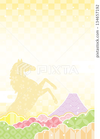 2026 Year of the Horse New Year's card with the zodiac horse and Mount Fuji background, gold 134657192