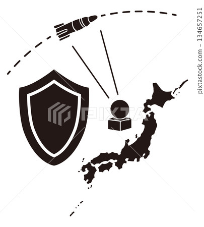 Japanese archipelago, missile warning radar and shield silhouette vector illustration | Defense, security and early warning 134657251