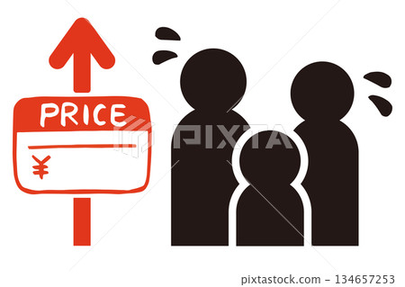 Vector illustration of rising prices and family | Image of household burden, living anxiety, and inflation countermeasures Vector illustration of rising prices and family | Image of household burden, living anxiety, and inflation countermeasures 134657253