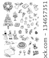 European Christmas goods and winter motif line drawing illustration set (transparent PNG) 134657351