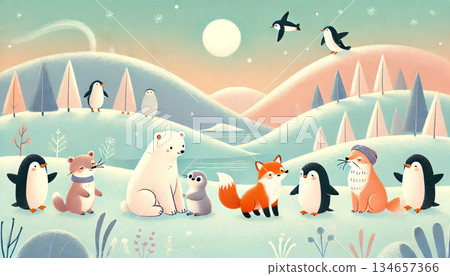 A fantasy illustration of northern animals, featuring polar bears, penguins, and foxes peacefully lining up on a snowy winter field. A fantasy illustration of northern animals, featuring polar bears, penguins, and foxes peacefully lining up on a snowy winter field. 134657366