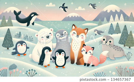 一幅描繪冬季動物的插圖,圖中笑臉盈盈的北極熊、企鵝和狐狸聚集在白雪皚皚的田野上,周圍環繞著白雪皚皚的群山和大海。 一幅描繪冬季動物的插圖,圖中笑臉盈盈的北極熊、企鵝和狐狸聚集在白雪皚皚的田野上,周圍環繞著白雪皚皚的群山和大海。 134657367