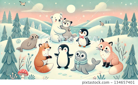 A gentle picture book-style winter illustration of a polar bear family, penguins, and foxes gathering on a snowy field under the moonlight. 134657401
