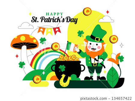 Happy St. Patrick's Day Vector Illustration on March 17 Featuring Golden Coins, Green Hat, Beer, and Shamrocks in Flat Style Cartoon Background 134657422