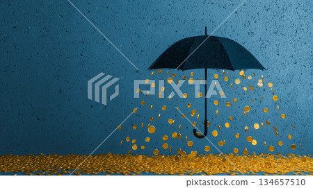 Black umbrella to protect against the rain of gold coins, concept image of property protection Black umbrella to protect against the rain of gold coins, concept image of property protection 134657510