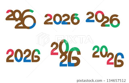 色彩繽紛的2026數位圖標，新年，2026年新年賀卡插圖套裝 134657512