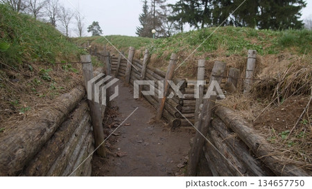 wooden trench path between grassy embankments, reconstructed wwi site used for guided battlefield tours and education, damp soil and moss on timber revetments, quiet remembrance atmosphere 134657750