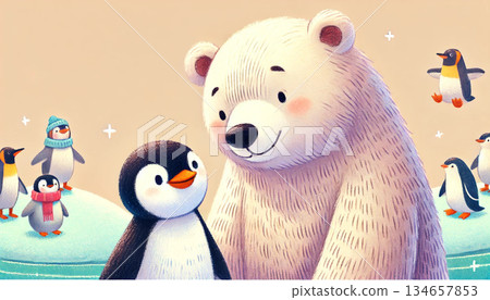 一幅溫馨的冬季奇幻動物插畫，描繪了一隻北極熊和一隻企鵝在冰上依偎在一起，它們的朋友們也在微笑。 134657853