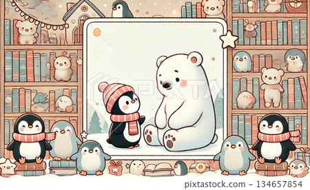 一幅描繪冬季童話的插圖，一隻北極熊和一隻戴著帽子的企鵝在溫暖如圖書館般的房間裡聊天，周圍是他們的朋友們。 134657854