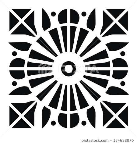 Black and white square pattern with central sunburst motif and geometric shapes Black and white square pattern with central sunburst motif and geometric shapes 134658070