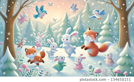 A fantastical and gentle picture book-style illustration of a fox, rabbits, and birds happily gathering in a snowy winter forest. 134658151