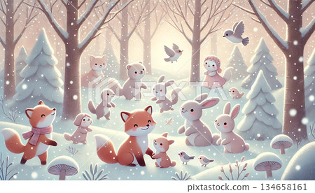 一幅溫馨的繪本風格奇幻插畫，描繪了狐狸、兔子和鳥兒在白雪皚皚的冬日森林中相聚的場景。 134658161