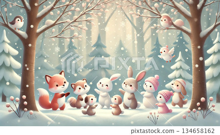 這是一本溫馨的繪本風格奇幻故事，講述了一隻狐狸、兔子和鳥兒在白雪皚皚的冬日森林裡圍成一圈的故事。 134658162