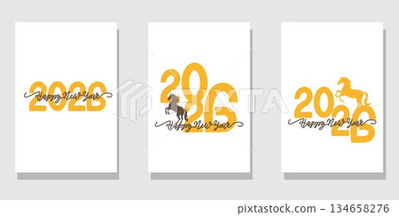 可愛的馬年新年賀卡套裝（2026年），2026新年明信片模板 134658276