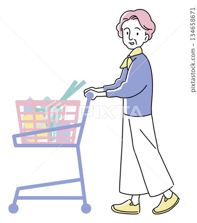 一位老婦人推著購物車的全身插圖 134658671