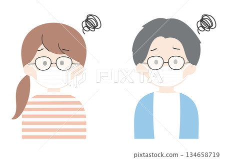 Flat illustration set of men and women whose glasses are fogged up by masks and hard to see 134658719