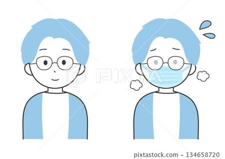 Facial expression variations of a man whose glasses are fogged up by a mask Facial expression variations of a man whose glasses are fogged up by a mask 134658720