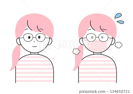 一位女士戴著口罩,眼鏡起霧,臉部表情變化豐富 一位女士戴著口罩,眼鏡起霧,臉部表情變化豐富 134658721