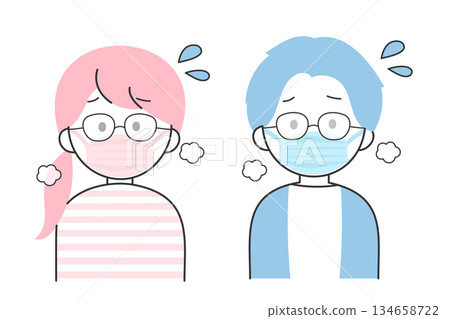 A minimal illustration set of men and women whose glasses are fogged up by masks and hard to see A minimal illustration set of men and women whose glasses are fogged up by masks and hard to see 134658722