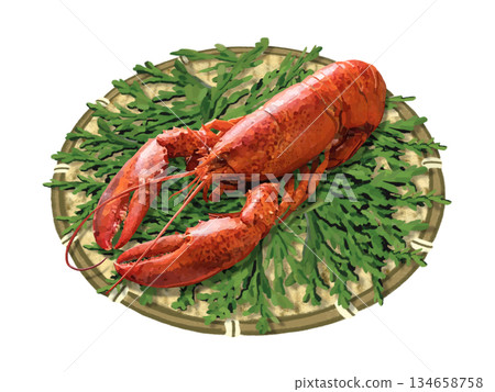 用漏杓盛著的煮龍蝦，配上柏樹葉 134658758