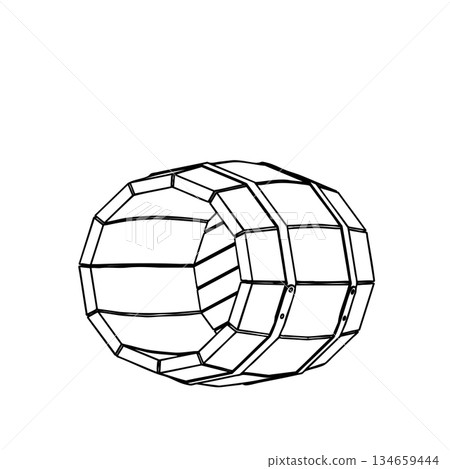 Outline for Coloring of Wooden Old Vintage Empty Barrel with Metal Bands. Vector Illustration. 134659444