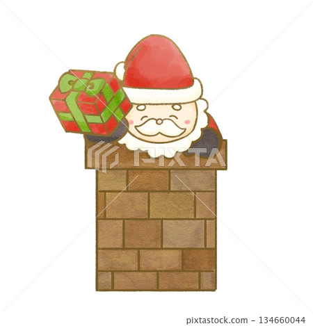 Watercolor illustration of Santa Claus entering through the chimney Watercolor illustration of Santa Claus entering through the chimney 134660044