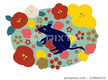 北歐風格的新年插畫，描繪了一隻老鼠和鮮花。 134660230