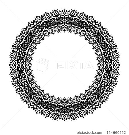 Circular pattern. Black and white circular frame, repeating symmetrical arabesque and floral motifs, creating a detailed mandala-like border design. Circular pattern. Black and white circular frame, repeating symmetrical arabesque and floral motifs, creating a detailed mandala-like border design. 134660232