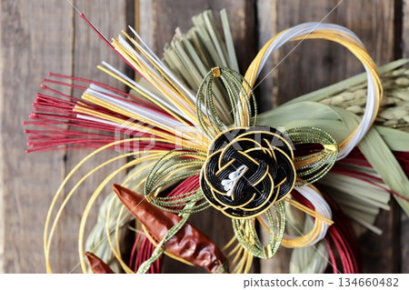 Japanese New Year decorations: Shimekazari decorations made with Japanese rice and chili peppers 134660482