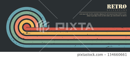 Stripe rainbow groovy. Vintage 70s style banner design. Funky lines and parallel stripes. Bold retro graphic. Vector illustration Stripe rainbow groovy. Vintage 70s style banner design. Funky lines and parallel stripes. Bold retro graphic. Vector illustration 134660661