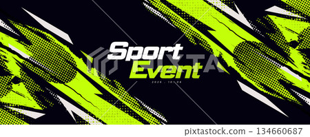 Energetic and Dynamic Sport Background with Green and White Brush Strokes in Grunge Style with Halftone Pattern. Poster or Banner Template Design for Sports Event or Video Game Promotion 134660687