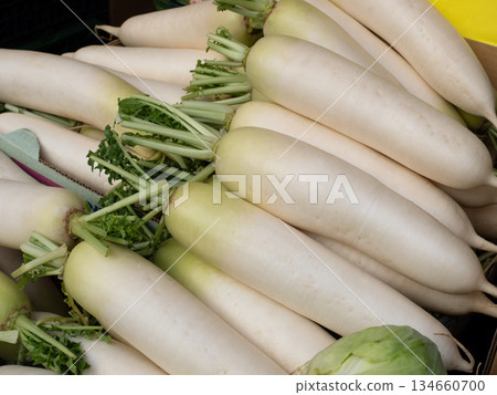 Daikon radish lined up at the store 134660700