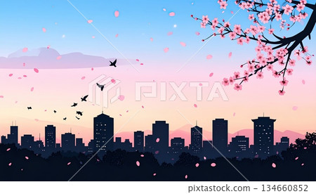 AI Image: Spring cherry blossoms fluttering down in the cityscape AI Image: Spring cherry blossoms fluttering down in the cityscape 134660852