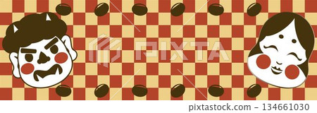 節分日式背景橫幅。圖案包含惡魔、禦福、福豆和方格紋。設計、邊框、背景、材質。 134661030