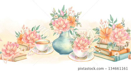 Floral watercolor seamless border. Flowers on stack of books, peonies in cup, spring bouquet in vase, pearl accessory and vintage literature. Hand drawn isolated illustration on soft yellow stain 134661161