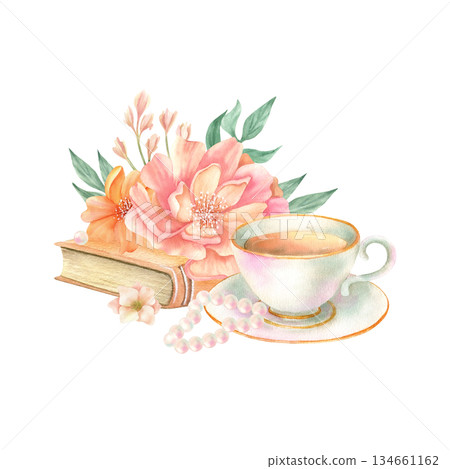 Floral arrangement with flowers, porcelain cup of tea set, vintage book, pearl bracelet. Watercolor spring blooming bouquet of peony, accessory. Hand drawn isolated illustration. Cozy home still life Floral arrangement with flowers, porcelain cup of tea set, vintage book, pearl bracelet. Watercolor spring blooming bouquet of peony, accessory. Hand drawn isolated illustration. Cozy home still life 134661162