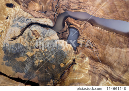 Tree cut slice section, uneven shape, natural texture, soft colored brown and yellow stump natural vintage cracked old colorful background. Do It Yourself art concept. 134661248