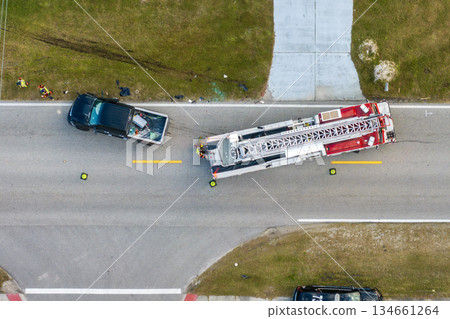 Traffic crash with damaged cars on USA city street 134661264